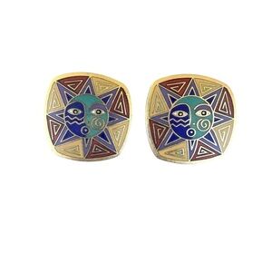VTG Signed Laurel Burch Sundance Sun Face Square Stud Earrings Southwestern GUC